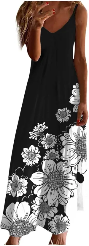 NaRHbrg Women's Floral Print Maxi Dress Sleeveless V Neck Boho Beach Sundress Flowy Casual Summer Long Dresses Sundress