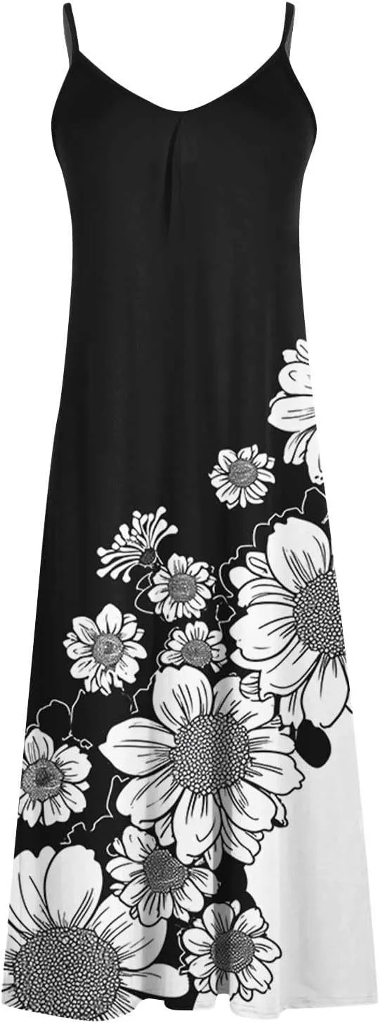 NaRHbrg Women's Floral Print Maxi Dress Sleeveless V Neck Boho Beach Sundress Flowy Casual Summer Long Dresses Sundress