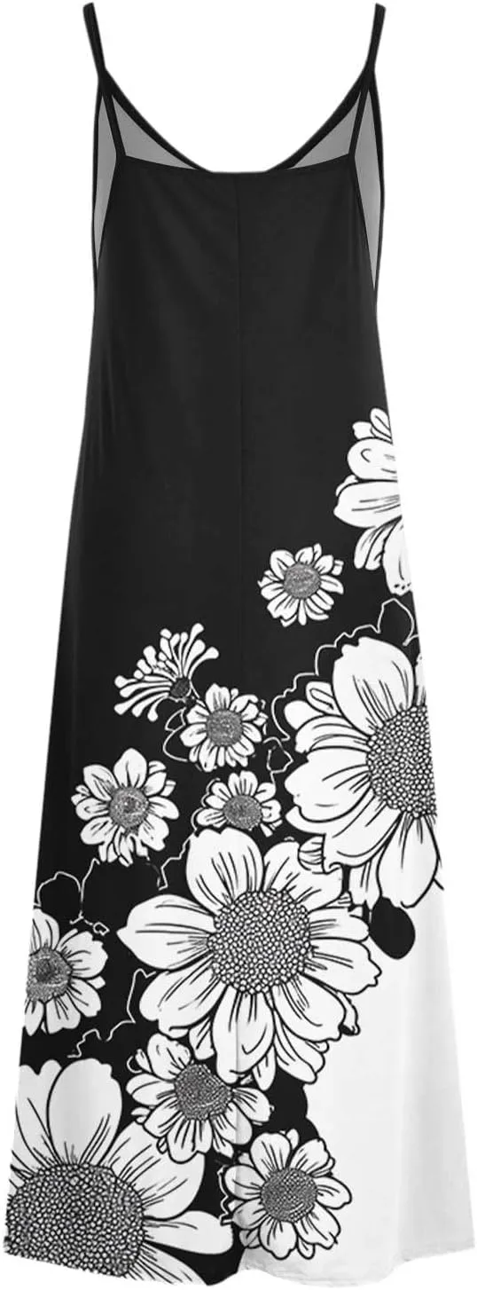 NaRHbrg Women's Floral Print Maxi Dress Sleeveless V Neck Boho Beach Sundress Flowy Casual Summer Long Dresses Sundress
