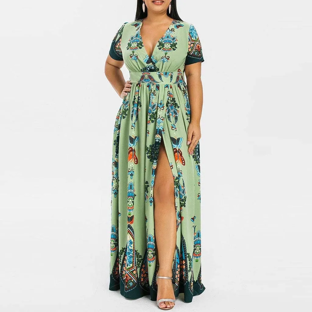 Ollysqiar Dresses Women's 2023 Floral Summer Dress Wrap V Neck Short Sleeve Belted Ruffle Hem A-Line Bohemian Dresses A02 21