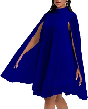 OMZIN Women's Stand Collar Pleated Cape Sleeve Dress Loose Knee Length Club Dress Summer Solid Color Dress
