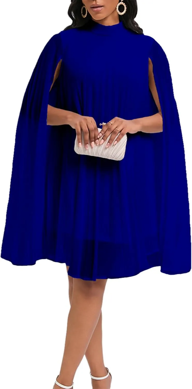 OMZIN Women's Stand Collar Pleated Cape Sleeve Dress Loose Knee Length Club Dress Summer Solid Color Dress