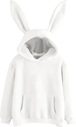 Oplxuo Women Bunny Ear Hoodies Kawaii Pullover Tops Rabbit Ear Sweatshirt with Pocket Cute Animal Hoodie for Teen Girls