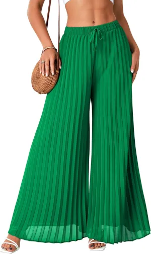 OPOIPIN Women's Chiffon Wide Leg Pleated Pants High Waist Flowy Loose Casual Long Trousers