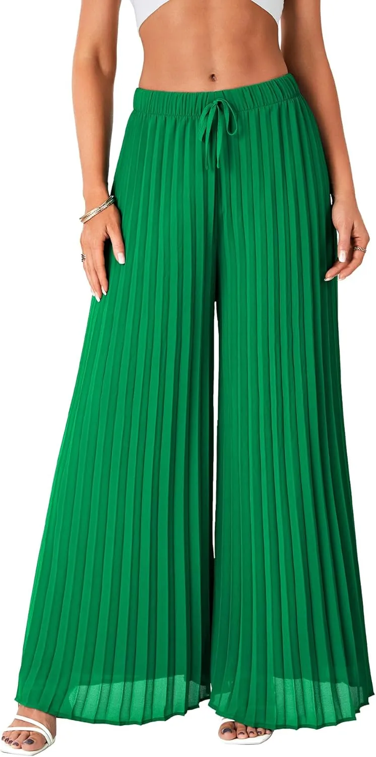 OPOIPIN Women's Chiffon Wide Leg Pleated Pants High Waist Flowy Loose Casual Long Trousers