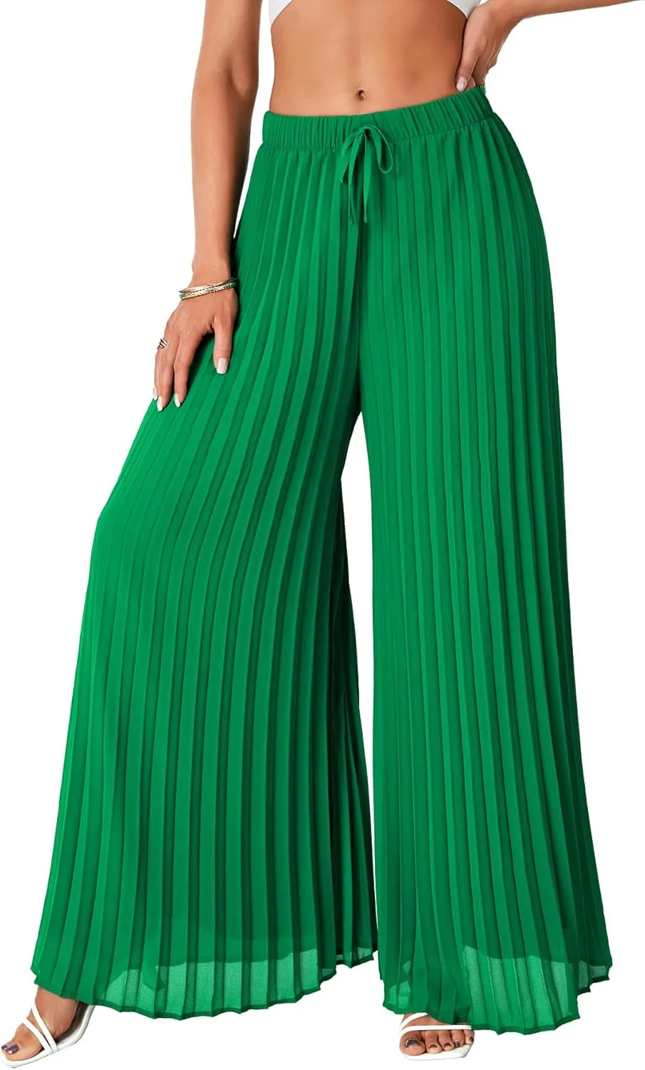 OPOIPIN Women's Chiffon Wide Leg Pleated Pants High Waist Flowy Loose Casual Long Trousers