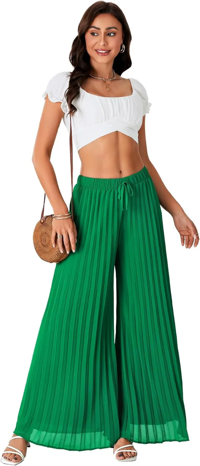 OPOIPIN Women's Chiffon Wide Leg Pleated Pants High Waist Flowy Loose Casual Long Trousers