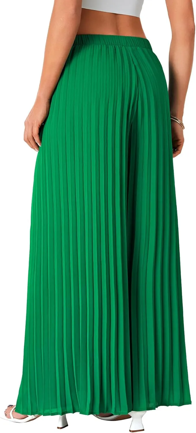 OPOIPIN Women's Chiffon Wide Leg Pleated Pants High Waist Flowy Loose Casual Long Trousers