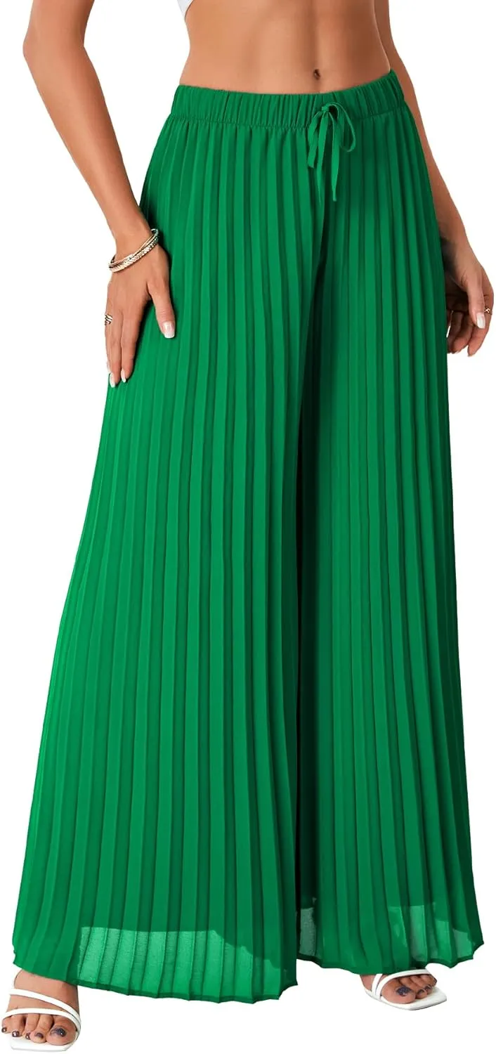 OPOIPIN Women's Chiffon Wide Leg Pleated Pants High Waist Flowy Loose Casual Long Trousers