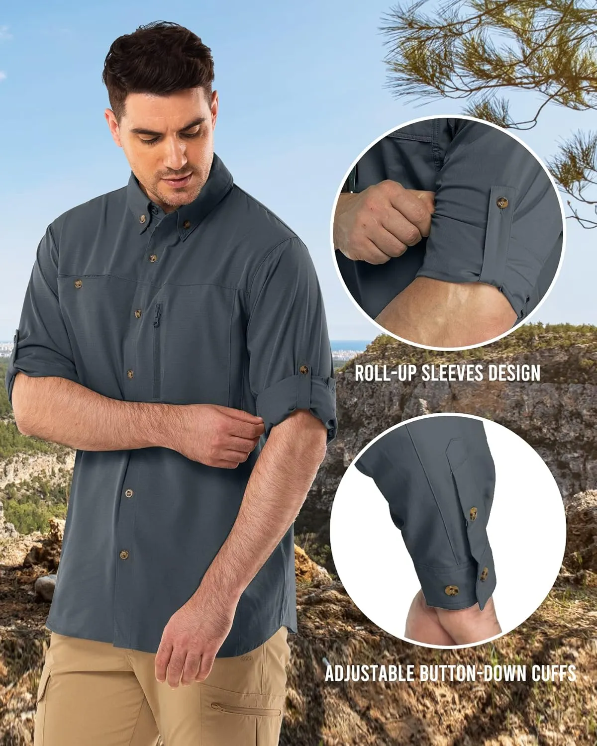 Outdoor Ventures Men's Long Sleeve Hiking Shirt UPF 50 UV Sun Protection Shirt Cooling Quick Dry for Travel Fishing Safari