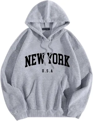 Oversized Hoodies for Men New York Hoodies for Men Letter Print Oversized Sweatshirts Pullover Long Sleeve Drawstring Pockets Fashion Tops Unisex Todays Deals in Clearance