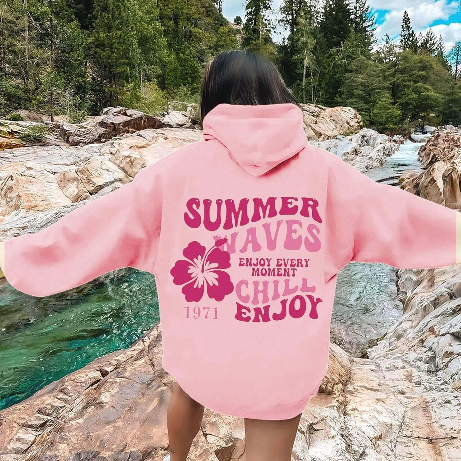 Oversized Hoodies For Women Graphic Trendy Y2K Preppy Clothes Long Sleeve Florals Pink Palm Puff Hoodie Sweatshirt