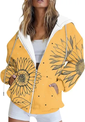 Oversized Sweatshirt For Women,Womens Casual Print Zip Up Hoodie Trendy Long Sleeve Sweatshirt With Pockets