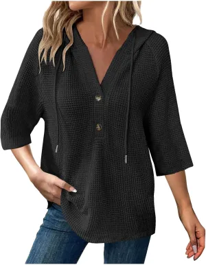 Oversized T Shirts for Women 3/4 Sleeve Waffle Button Down Shirts Drawstring Hooded Henley V Neck Tshirts Cute Hoodies Lightweight Loose Fit Plus Size Tops Spring Summer Tops for Women 2025