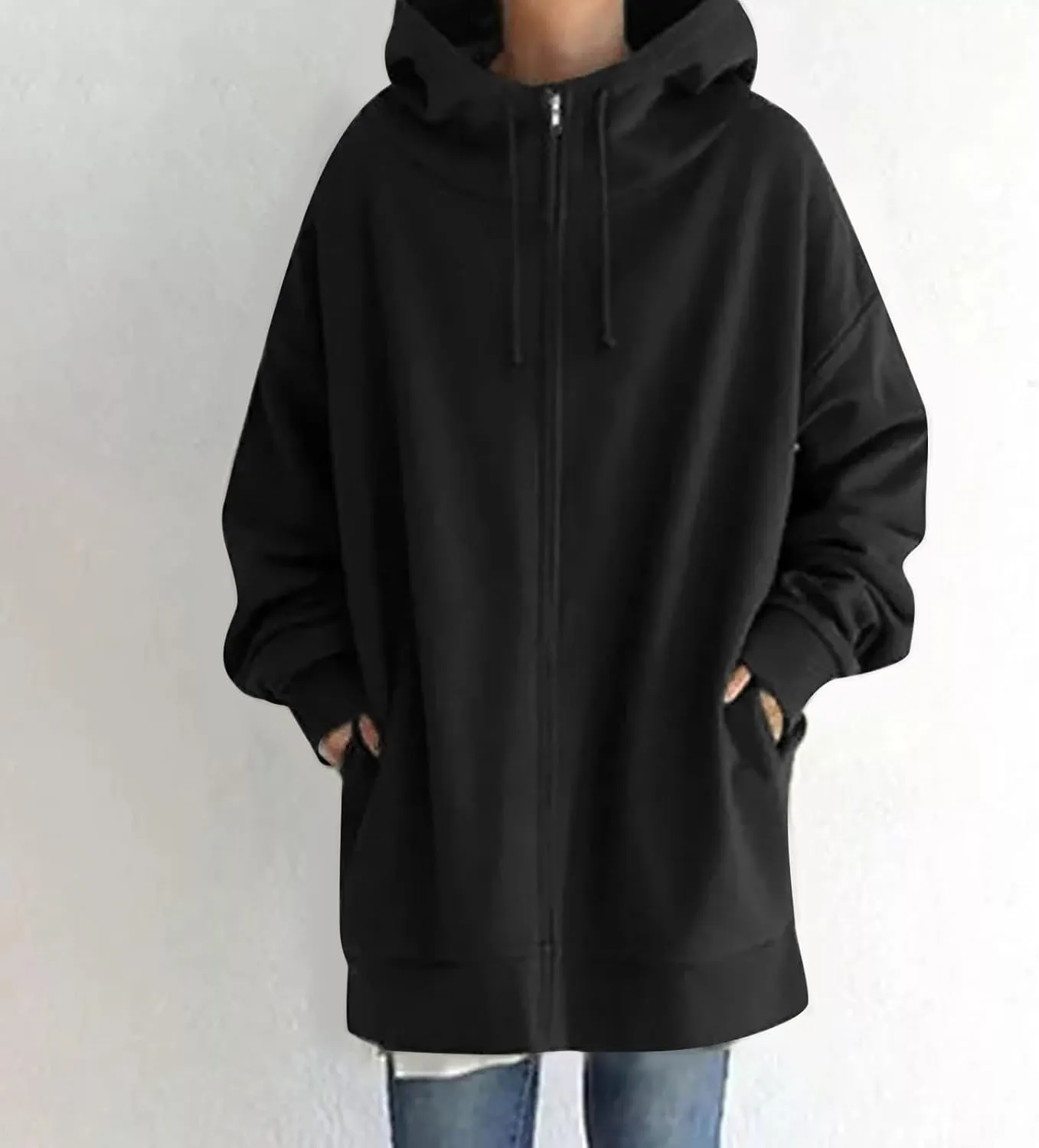 Oversized Zip Up Hoodies for Women Plus Size Long Sleeve Hooded Sweatshirt Casual Fall Long Jacket with Pockets