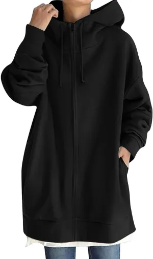 Oversized Zip Up Hoodies for Women Plus Size Long Sleeve Hooded Sweatshirt Casual Fall Long Jacket with Pockets