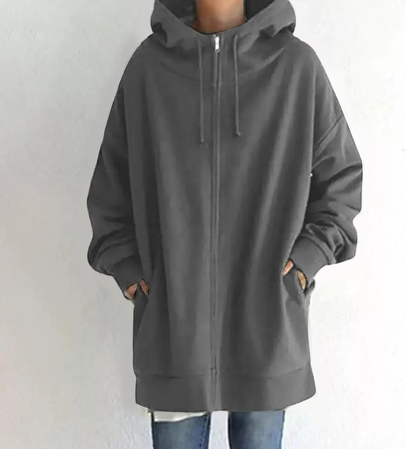 Oversized Zip Up Hoodies for Women Plus Size Long Sleeve Hooded Sweatshirt Casual Fall Long Jacket with Pockets