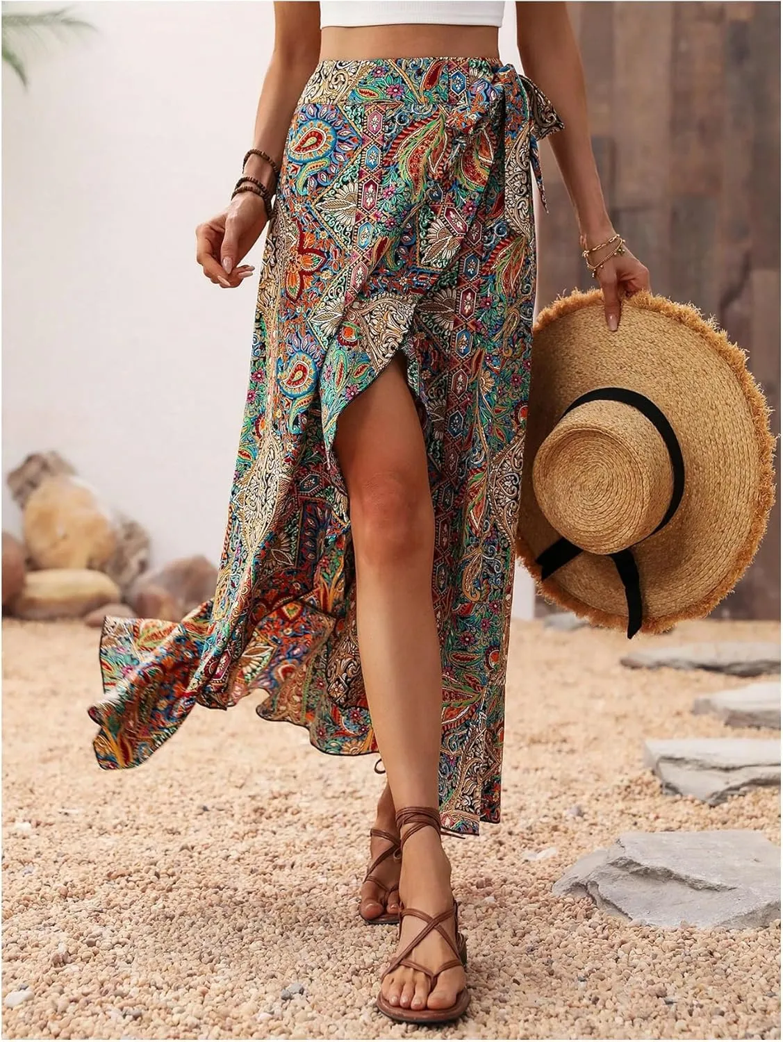 OYOANGLE Women's Boho Floral Wrap Maxi Skirt Long Skirt Ruffle Hem Knot Side Vacation Skirts with Slit