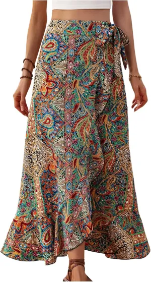 OYOANGLE Women's Boho Floral Wrap Maxi Skirt Long Skirt Ruffle Hem Knot Side Vacation Skirts with Slit