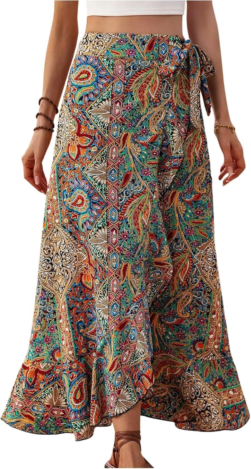 OYOANGLE Women's Boho Floral Wrap Maxi Skirt Long Skirt Ruffle Hem Knot Side Vacation Skirts with Slit