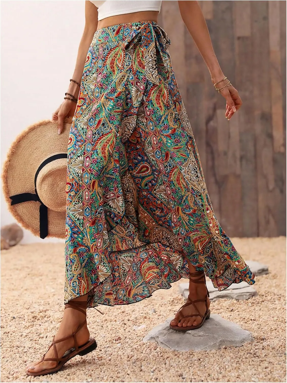 OYOANGLE Women's Boho Floral Wrap Maxi Skirt Long Skirt Ruffle Hem Knot Side Vacation Skirts with Slit