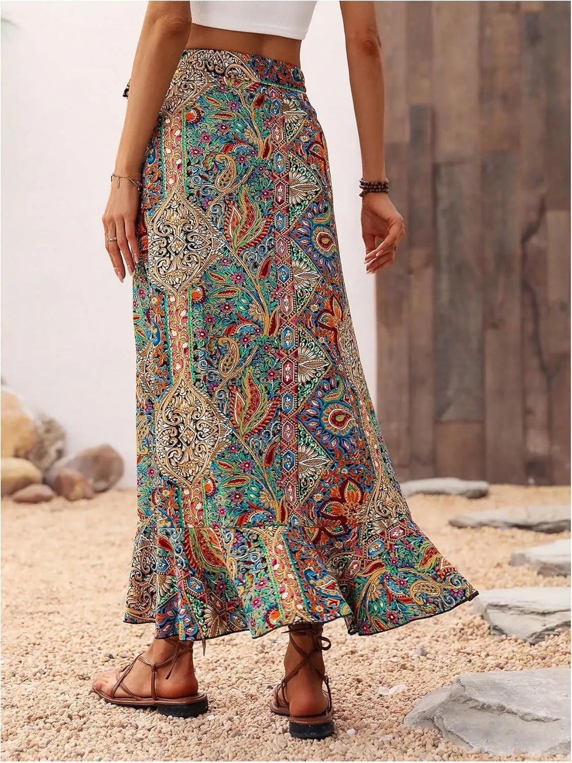 OYOANGLE Women's Boho Floral Wrap Maxi Skirt Long Skirt Ruffle Hem Knot Side Vacation Skirts with Slit