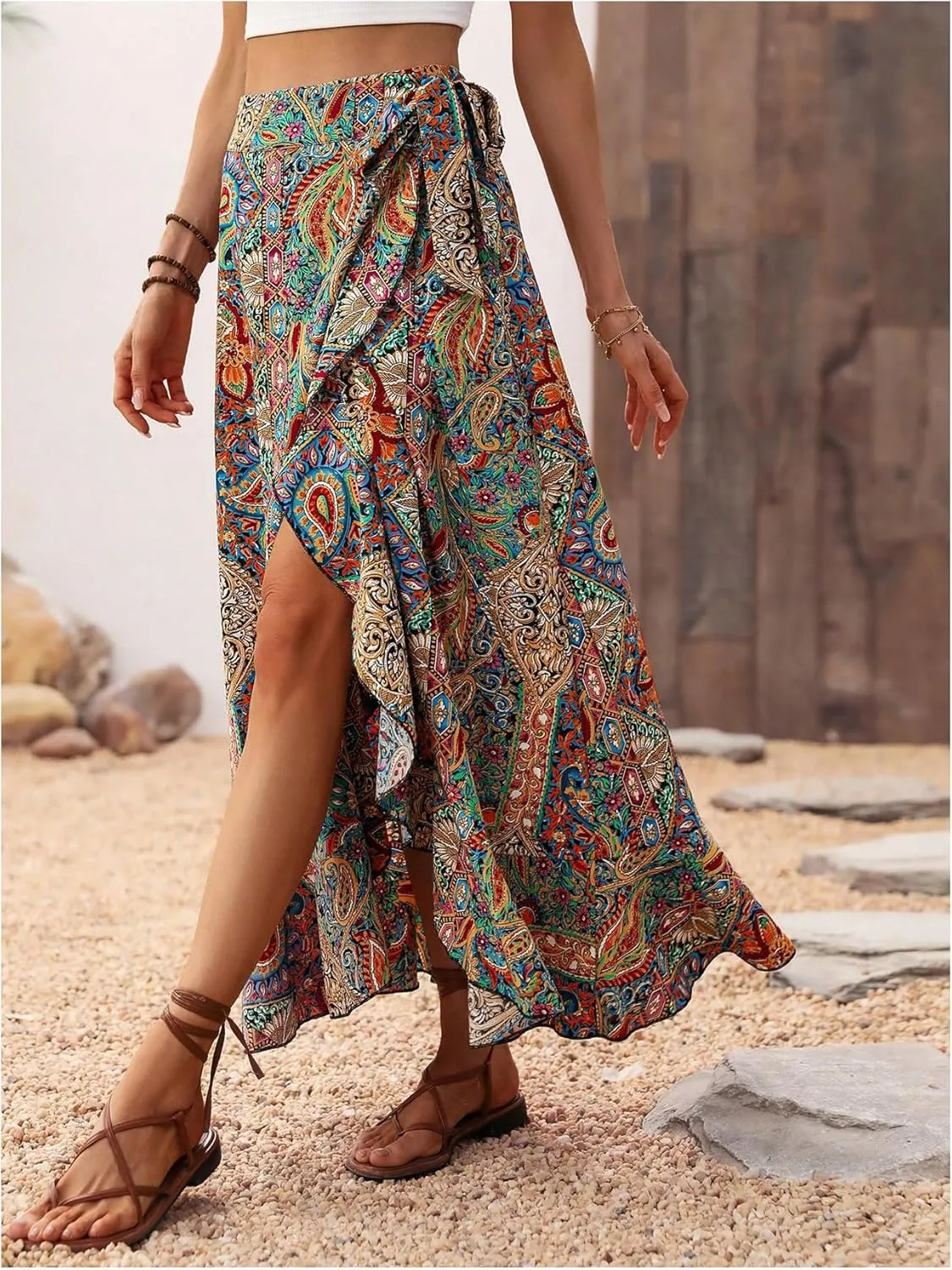 OYOANGLE Women's Boho Floral Wrap Maxi Skirt Long Skirt Ruffle Hem Knot Side Vacation Skirts with Slit