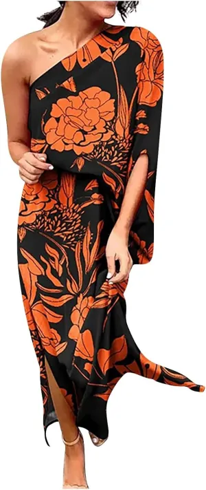 PETYCZEN One Shoulder Dresses for Women Summer Floral Print Batwing Sleeve Ruched Dress Sexy Side Split Club Cocktail Dresses