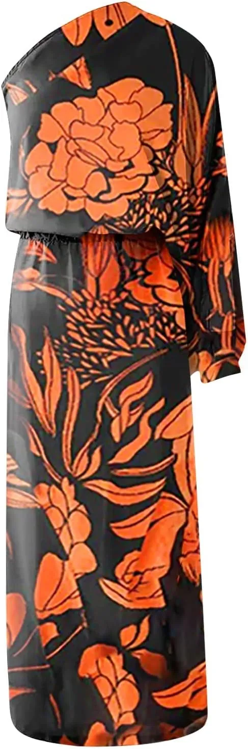 PETYCZEN One Shoulder Dresses for Women Summer Floral Print Batwing Sleeve Ruched Dress Sexy Side Split Club Cocktail Dresses