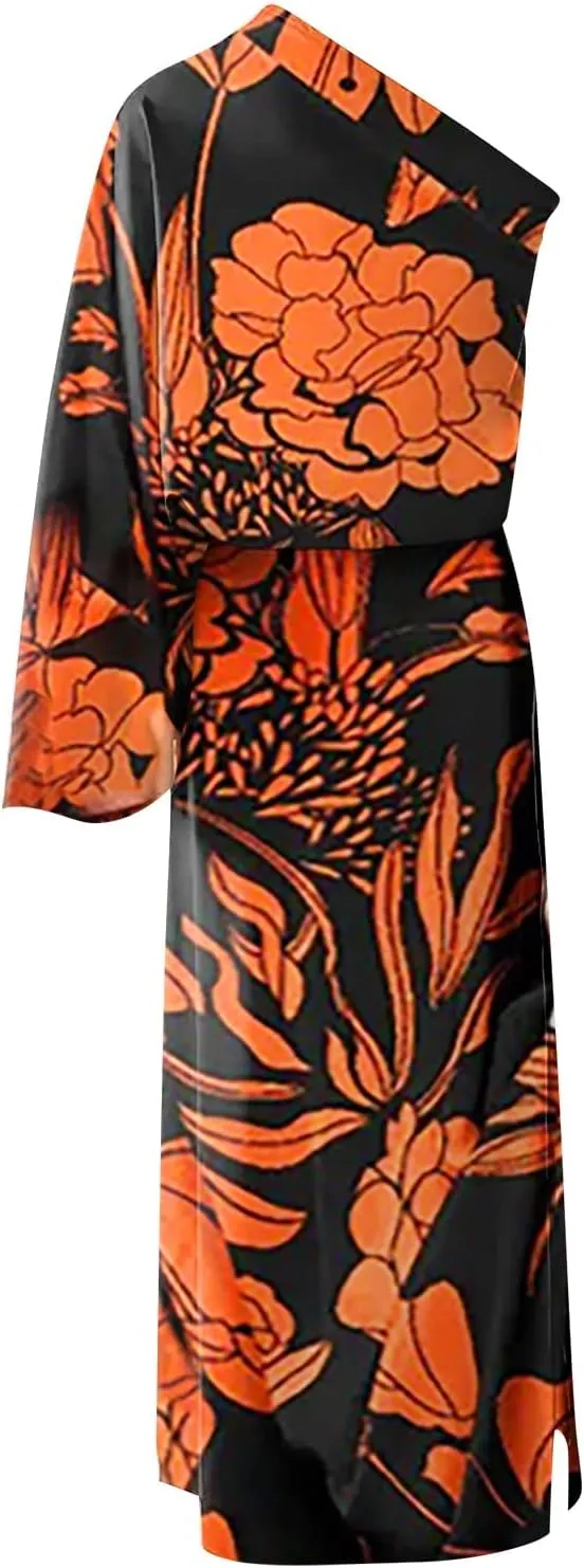 PETYCZEN One Shoulder Dresses for Women Summer Floral Print Batwing Sleeve Ruched Dress Sexy Side Split Club Cocktail Dresses