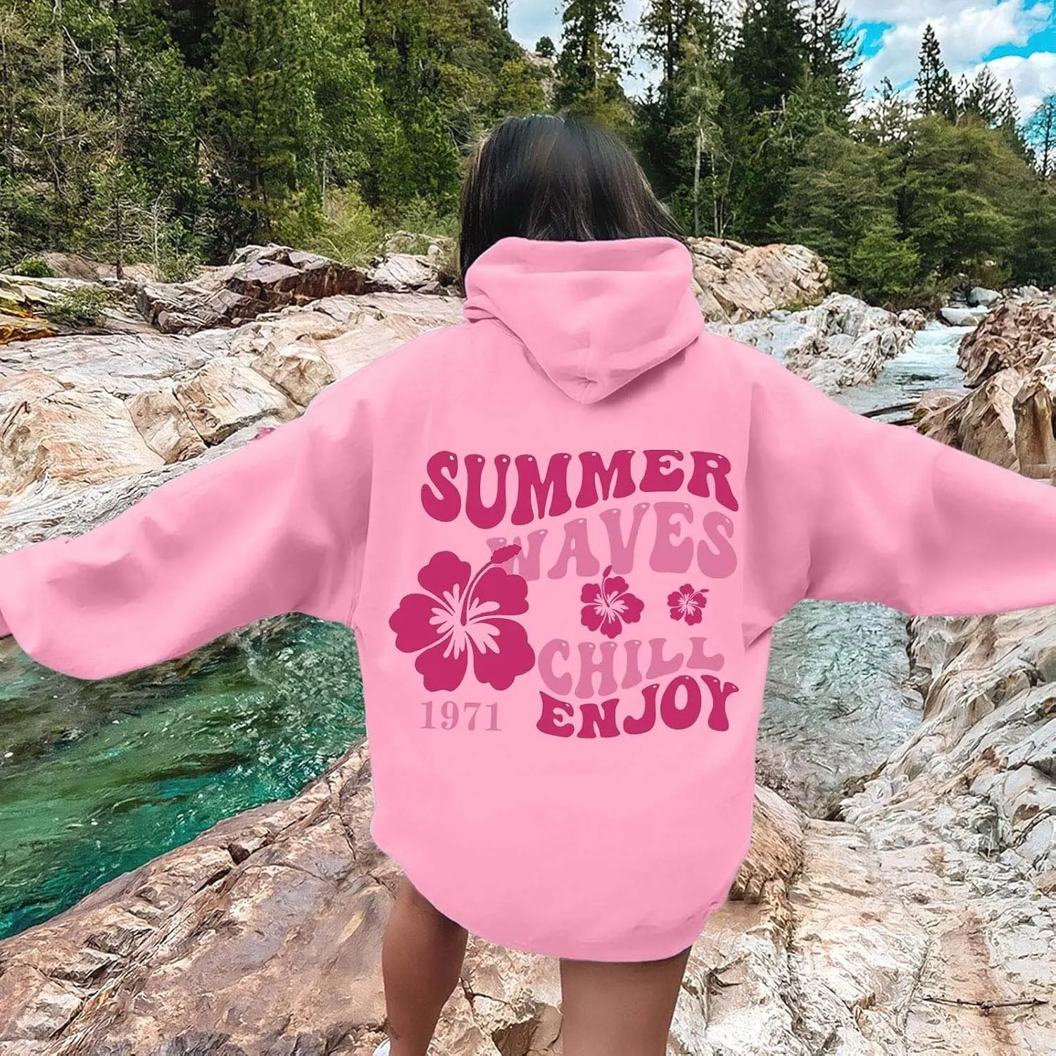 Pink Puff Hoodies for Womens Teen Girls Cute Graphic Hoodie Y2k Oversized Preppy Pullover Sweatshirts Tops with Pocket