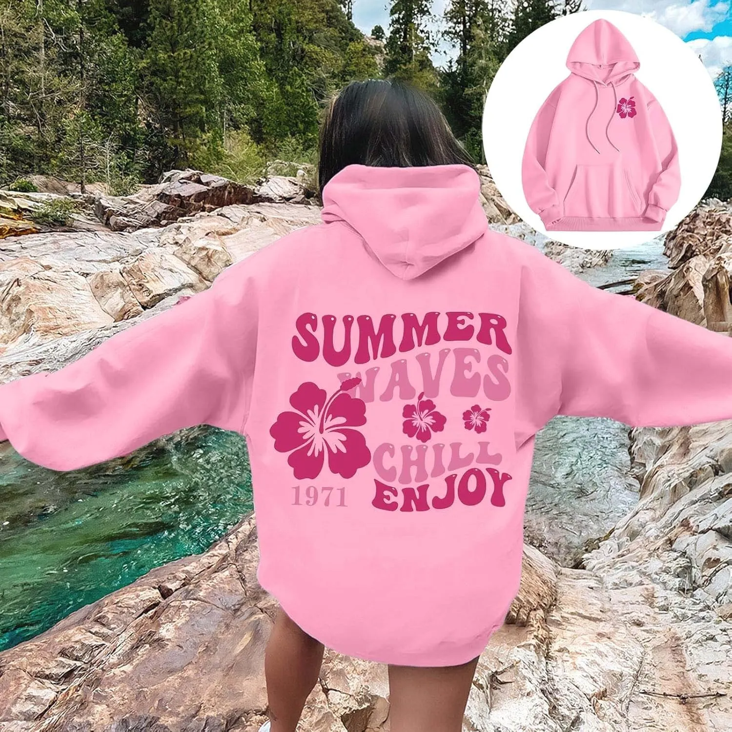 Pink Puff Hoodies for Womens Teen Girls Cute Graphic Hoodie Y2k Oversized Preppy Pullover Sweatshirts Tops with Pocket