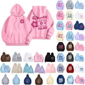 Pink Puff Hoodies for Womens Teen Girls Cute Graphic Hoodie Y2k Oversized Preppy Pullover Sweatshirts Tops with Pocket