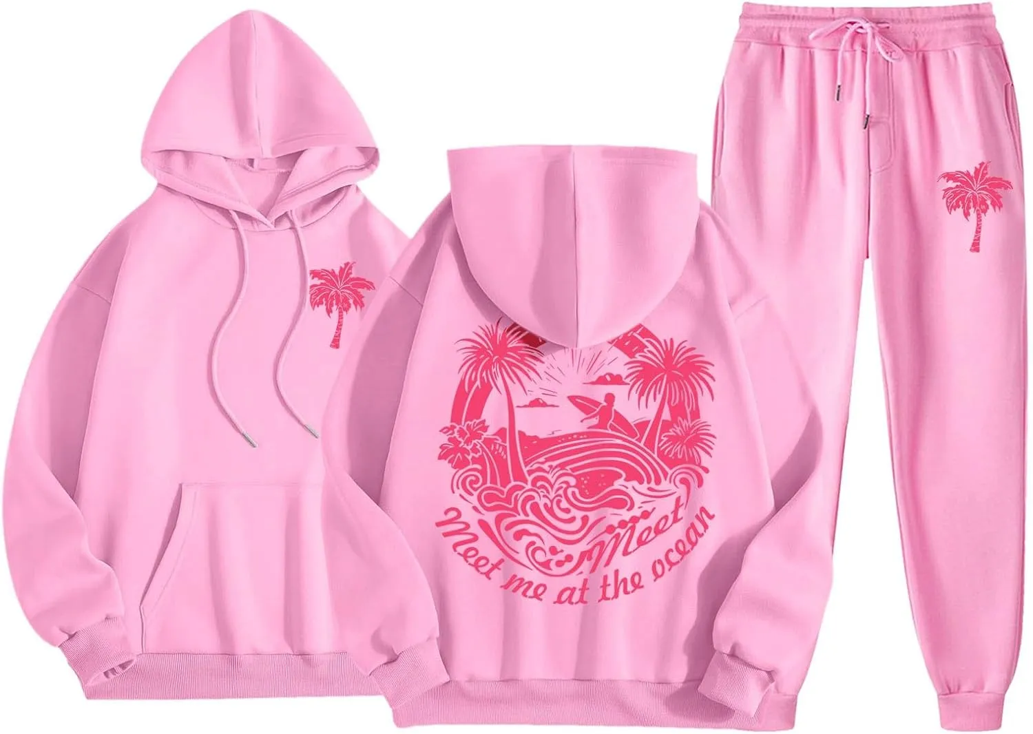 Pink Tracksuit For Women Y2K Drawstring Pullover Shirt Jogger Sweatpant Aesthetic Preppy Hoodies For Teen Girls Baggy