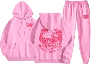 Pink Tracksuit For Women Y2K Drawstring Pullover Shirt Jogger Sweatpant Aesthetic Preppy Hoodies For Teen Girls Baggy
