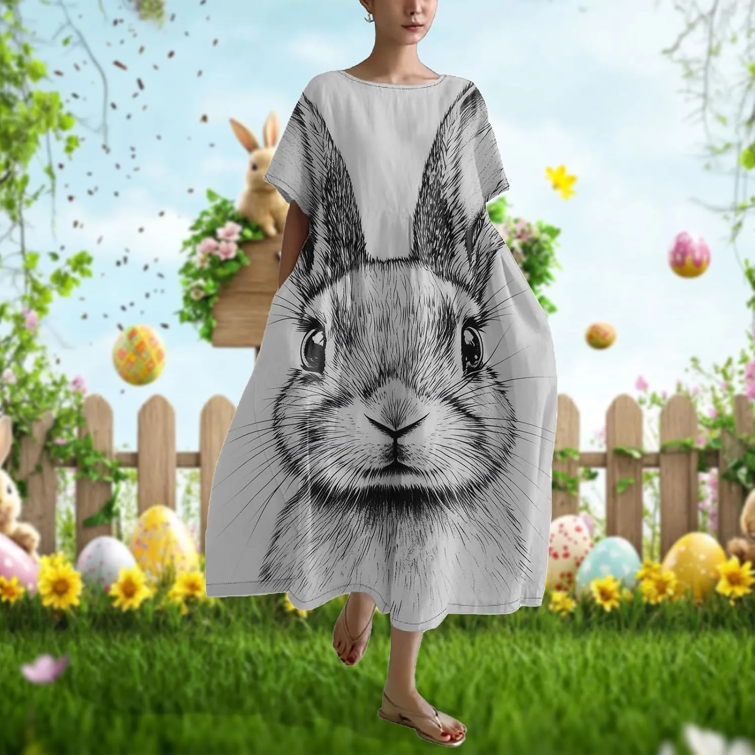 Plus Size Easter Dress for Women Short Sleeve Midi Dress 2025 Trendy Oversized Bunny Dress Sundress with Pockets