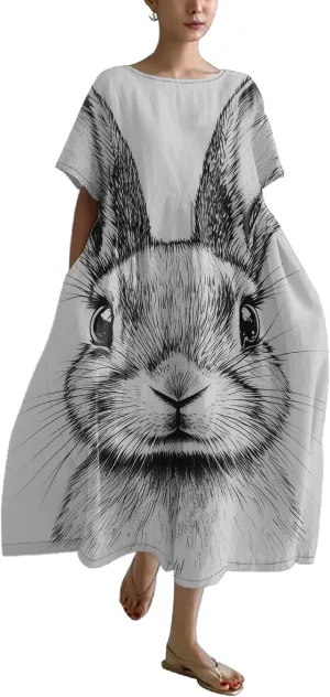 Plus Size Easter Dress for Women Short Sleeve Midi Dress 2025 Trendy Oversized Bunny Dress Sundress with Pockets