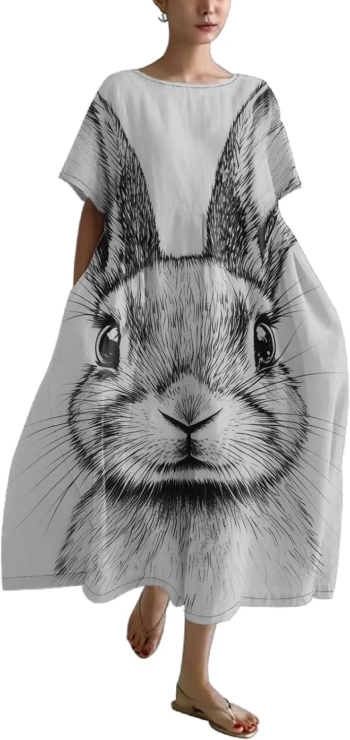 Plus Size Easter Dress for Women Short Sleeve Midi Dress 2025 Trendy Oversized Bunny Dress Sundress with Pockets