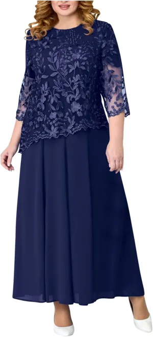 Plus Size Floral Lace Patchwork Dress for Women 2024 Mother of The Bride Dress Wedding Guest Formal Chiffon Evening Gown