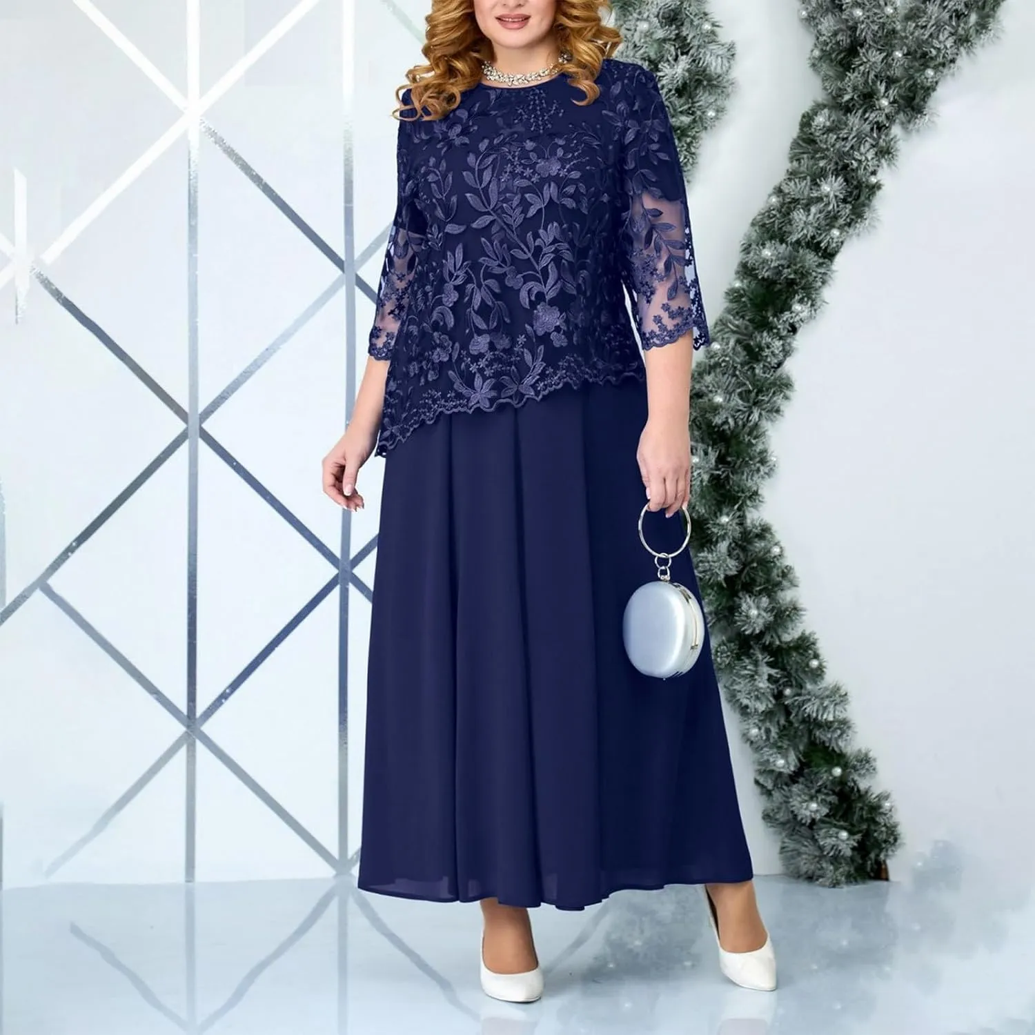 Plus Size Floral Lace Patchwork Dress for Women 2024 Mother of The Bride Dress Wedding Guest Formal Chiffon Evening Gown