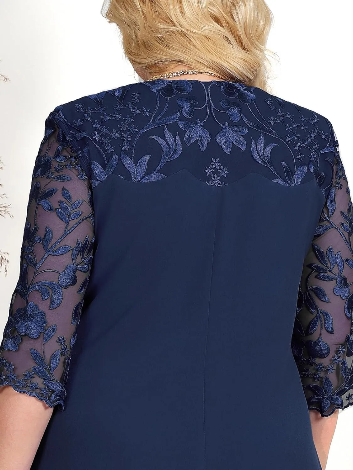 Plus Size Formal Dress for Women - Embroidered Lace Elegant Cocktail Dress 3/4 Sleeve Midi Dress