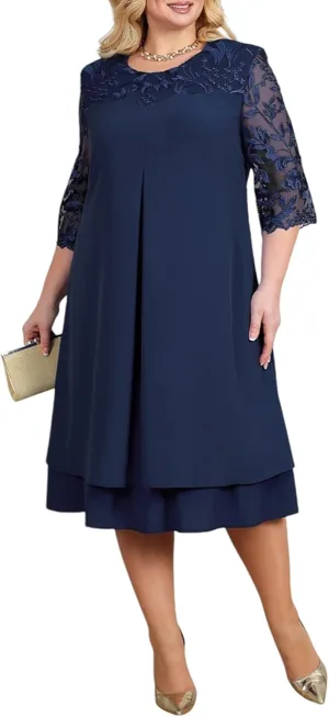 Plus Size Formal Dress for Women - Embroidered Lace Elegant Cocktail Dress 3/4 Sleeve Midi Dress