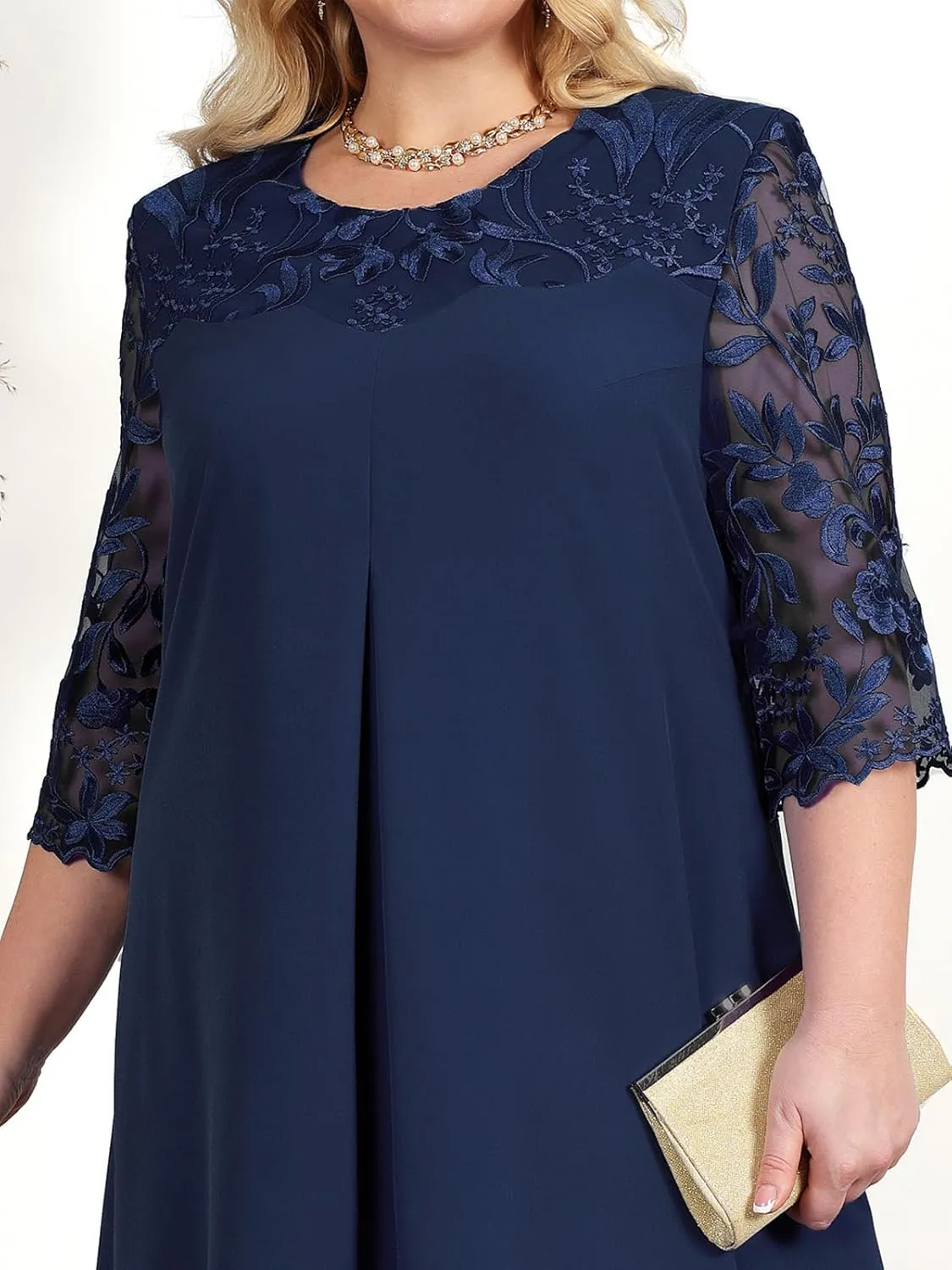 Plus Size Formal Dress for Women - Embroidered Lace Elegant Cocktail Dress 3/4 Sleeve Midi Dress