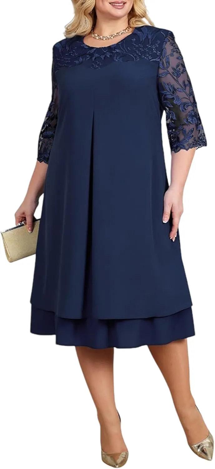 Plus Size Formal Dress for Women - Embroidered Lace Elegant Cocktail Dress 3/4 Sleeve Midi Dress