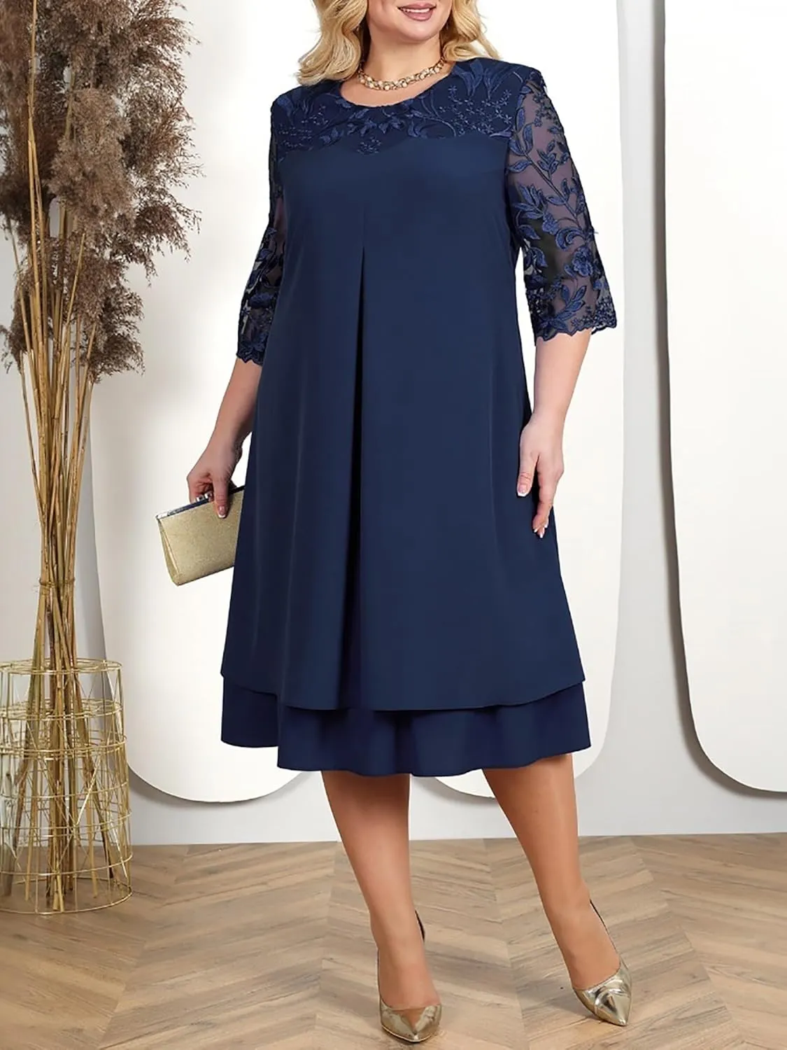 Plus Size Formal Dress for Women - Embroidered Lace Elegant Cocktail Dress 3/4 Sleeve Midi Dress