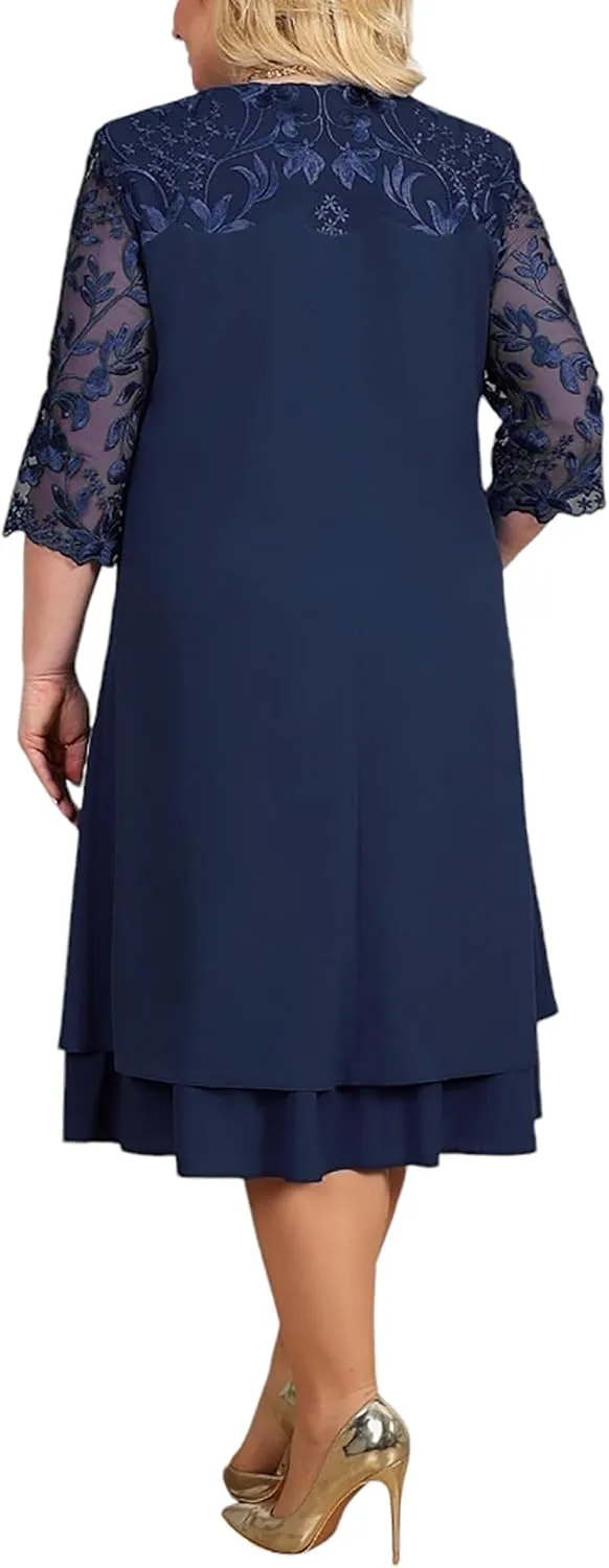 Plus Size Formal Dress for Women - Embroidered Lace Elegant Cocktail Dress 3/4 Sleeve Midi Dress