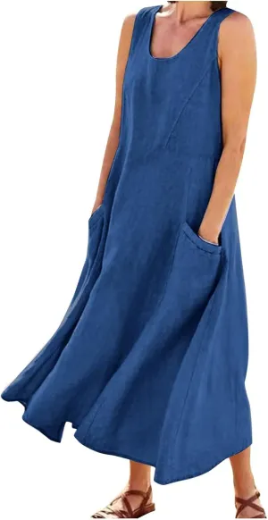 Plus Size Summer Dresses for Women 2025, Sleeveless Casual Cotten Linen Maxi Dress Hawaii Tropical Beach Tank Dress