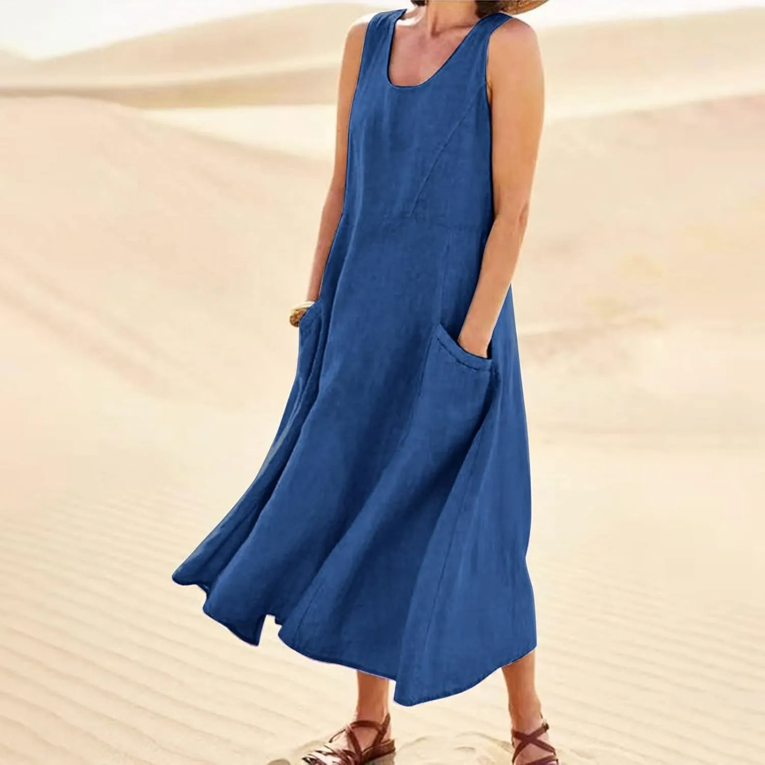 Plus Size Summer Dresses for Women 2025, Sleeveless Casual Cotten Linen Maxi Dress Hawaii Tropical Beach Tank Dress