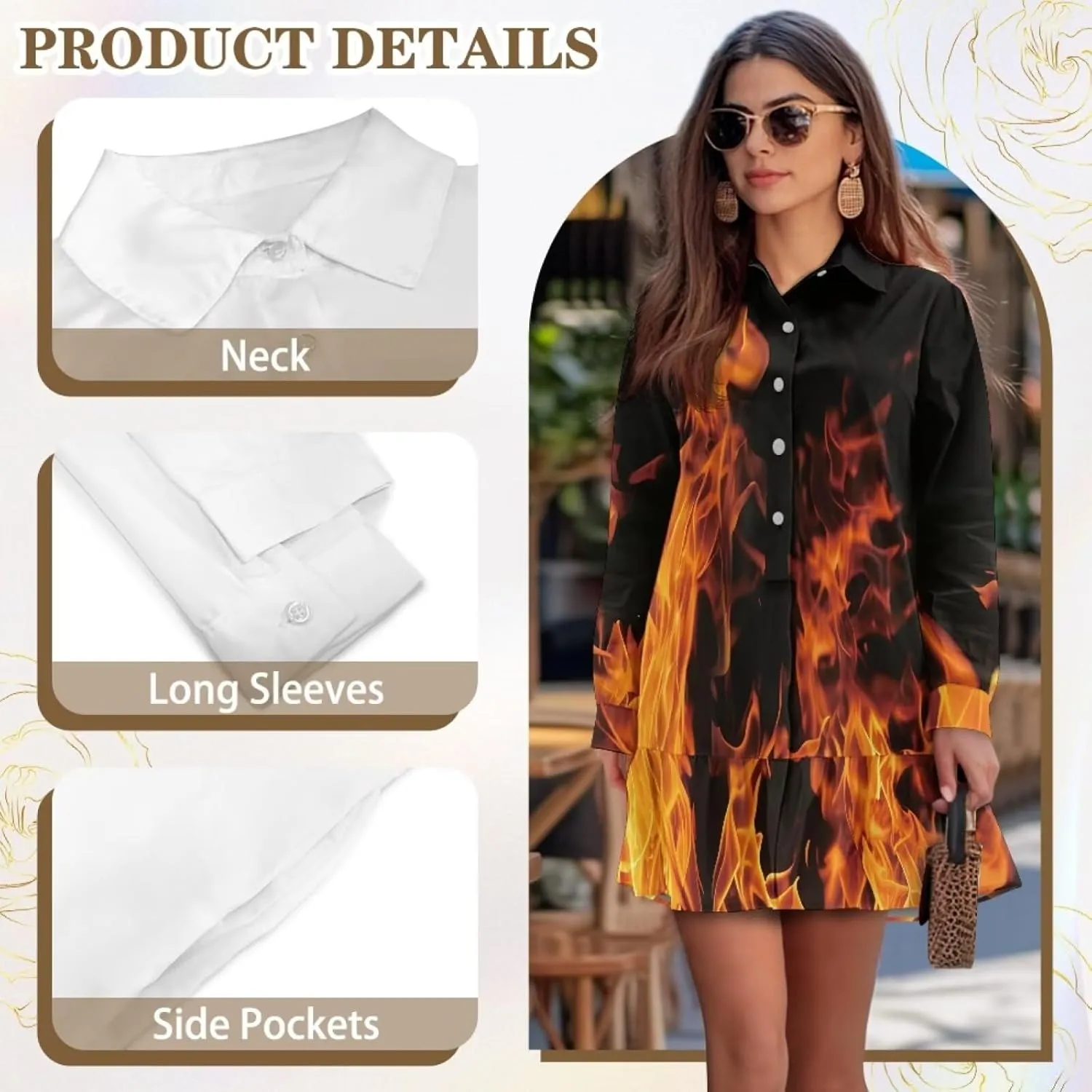 POLERO Womens Floral Mini Shirt Dress V Neck Ruffle Hem Mini Dresses with Pockets Short Dress
