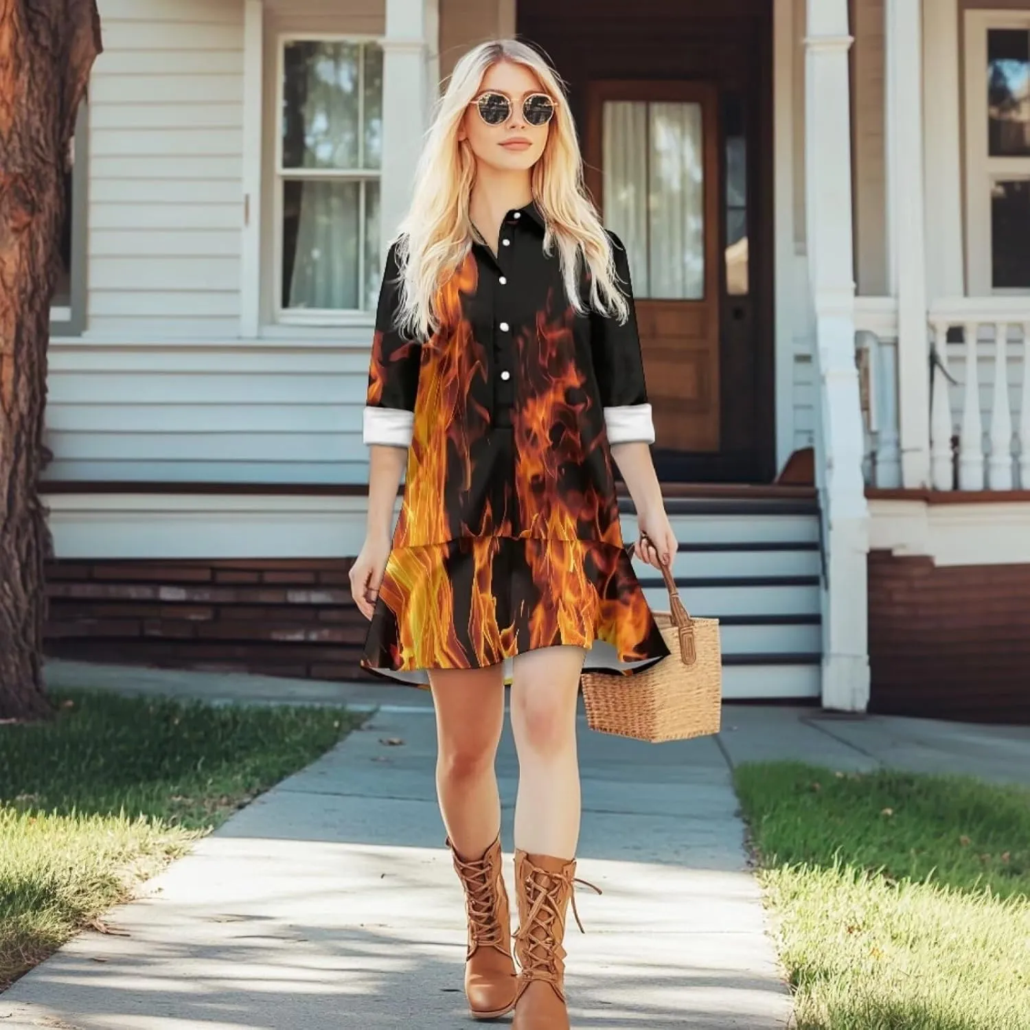 POLERO Womens Floral Mini Shirt Dress V Neck Ruffle Hem Mini Dresses with Pockets Short Dress